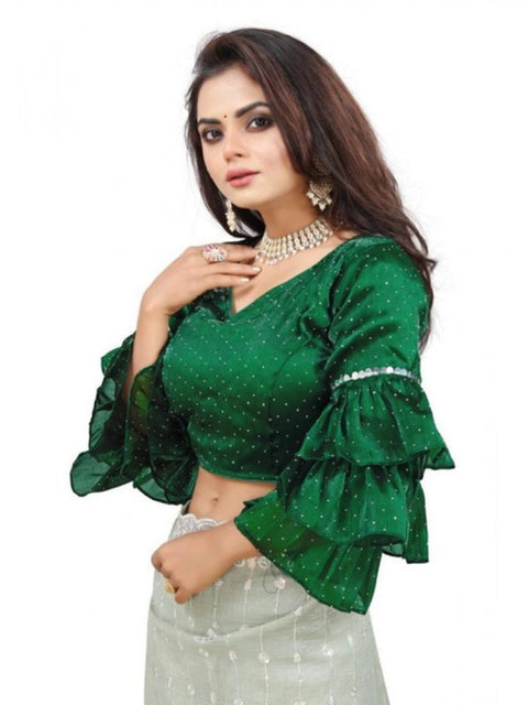 Women's Organza Solid V Neck Layered Ruffle Sleeve Readymade Blouse (Green Free Size , up to 38–40 Bust)-PID65850