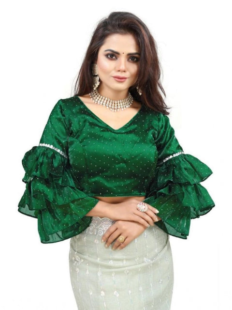 Women's Organza Solid V Neck Layered Ruffle Sleeve Readymade Blouse (Green Free Size , up to 38–40 Bust)-PID65850