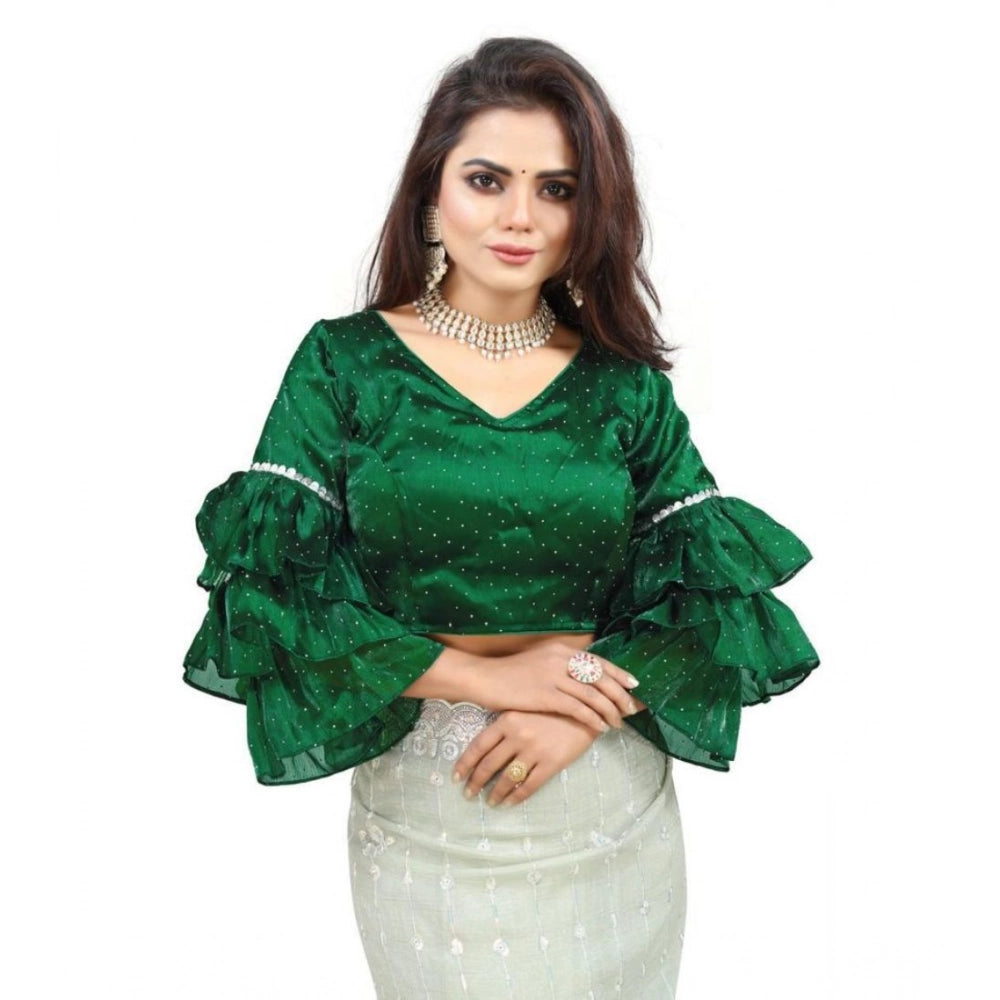 Women's Organza Solid V Neck Layered Ruffle Sleeve Readymade Blouse (Green Free Size , up to 38–40 Bust)-PID65850