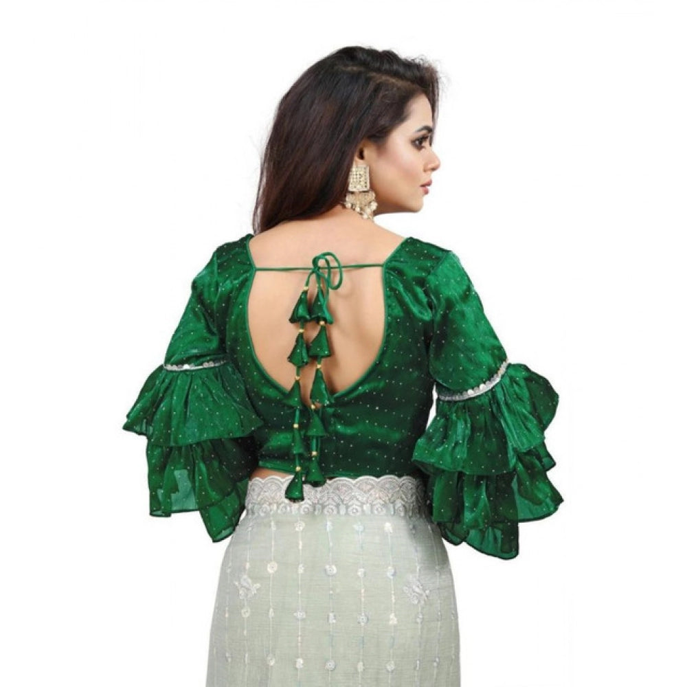 Women's Organza Solid V Neck Layered Ruffle Sleeve Readymade Blouse (Green Free Size , up to 38–40 Bust)-PID65850