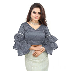 Women's Organza Solid V Neck Layered Ruffle Sleeve Readymade Blouse (Grey Free Size , up to 38–40 Bust)-PID65851