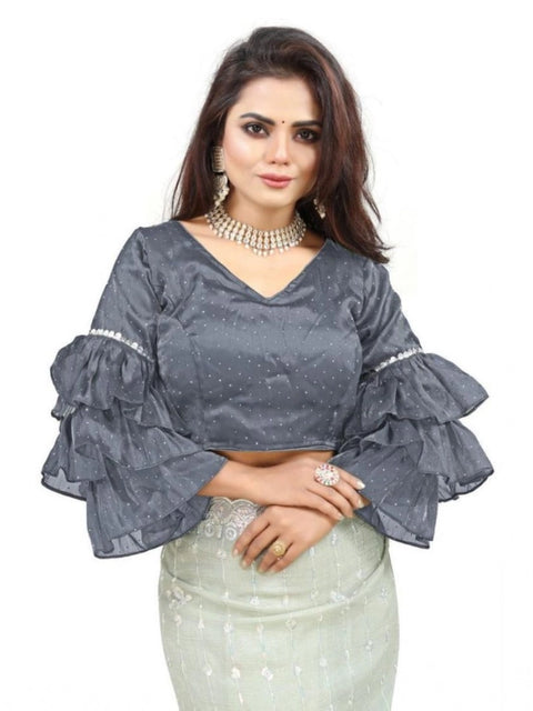 Women's Organza Solid V Neck Layered Ruffle Sleeve Readymade Blouse (Grey Free Size , up to 38–40 Bust)-PID65851