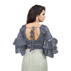 Women's Organza Solid V Neck Layered Ruffle Sleeve Readymade Blouse (Grey Free Size , up to 38–40 Bust)-PID65851