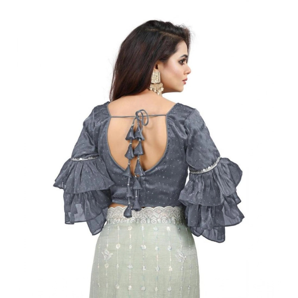 Women's Organza Solid V Neck Layered Ruffle Sleeve Readymade Blouse (Grey Free Size , up to 38–40 Bust)-PID65851