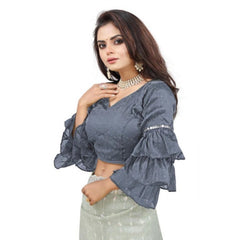Women's Organza Solid V Neck Layered Ruffle Sleeve Readymade Blouse (Grey Free Size , up to 38–40 Bust)-PID65851