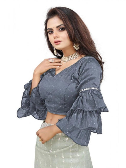 Women's Organza Solid V Neck Layered Ruffle Sleeve Readymade Blouse (Grey Free Size , up to 38–40 Bust)-PID65851