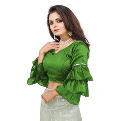 Women's Organza Solid V Neck Layered Ruffle Sleeve Readymade Blouse (Light Green Free Size , up to 38–40 Bust)-PID65852