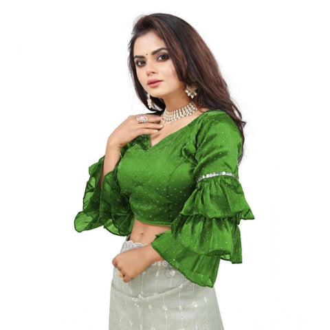Women's Organza Solid V Neck Layered Ruffle Sleeve Readymade Blouse (Light Green Free Size , up to 38–40 Bust)-PID65852