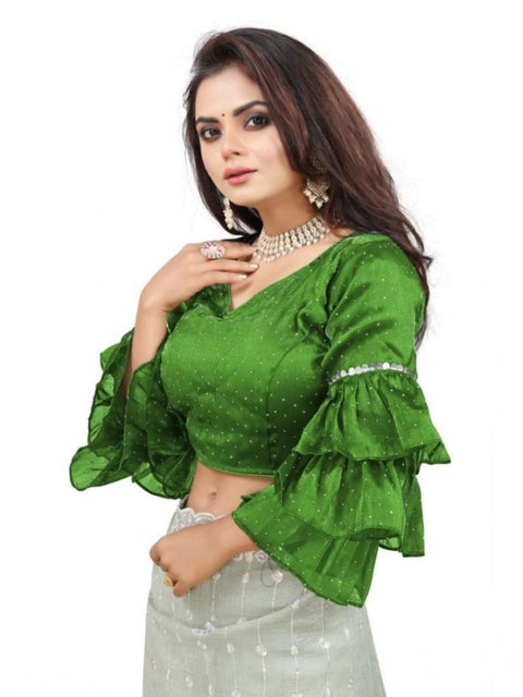 Women's Organza Solid V Neck Layered Ruffle Sleeve Readymade Blouse (Light Green Free Size , up to 38–40 Bust)-PID65852