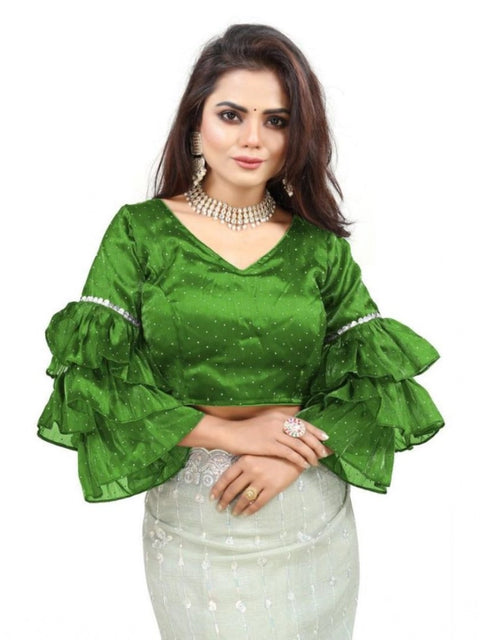 Women's Organza Solid V Neck Layered Ruffle Sleeve Readymade Blouse (Light Green Free Size , up to 38–40 Bust)-PID65852