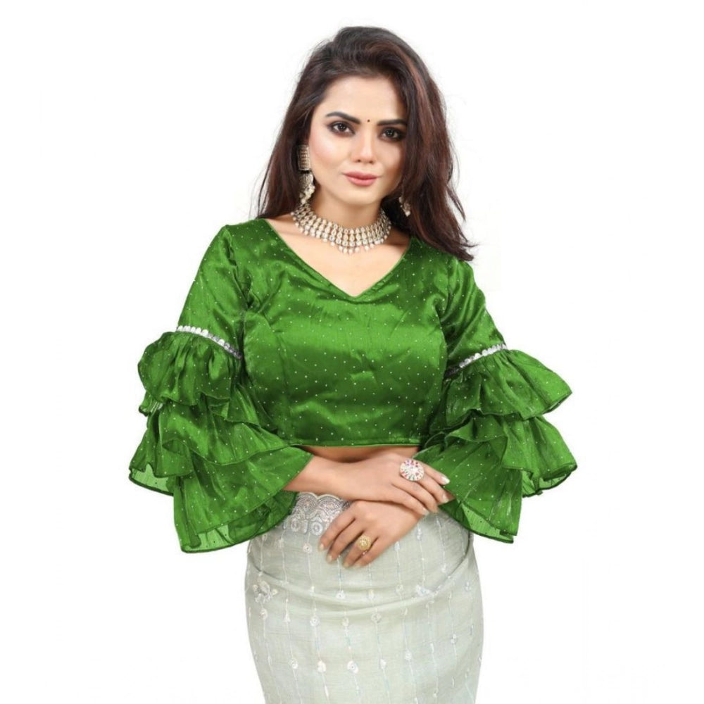 Women's Organza Solid V Neck Layered Ruffle Sleeve Readymade Blouse (Light Green Free Size , up to 38–40 Bust)-PID65852