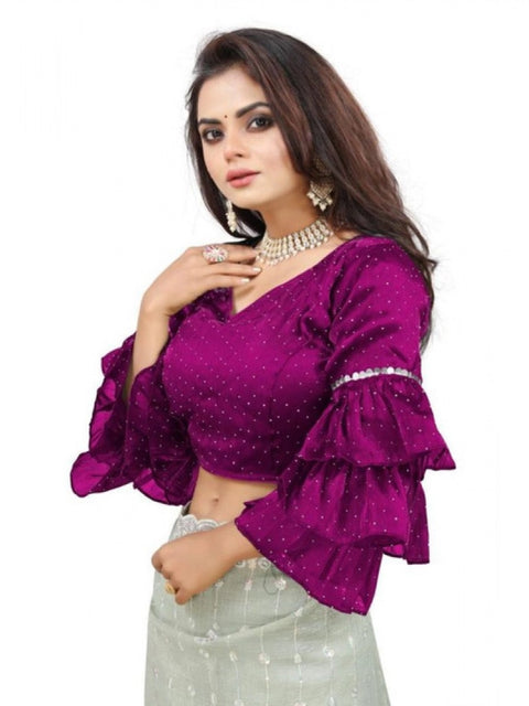 Generic Women's Organza Solid V Neck Layered Ruffle Sleeve Readymade Blouse (Magenta Free Size , up to 38–40 Bust)-PID65853