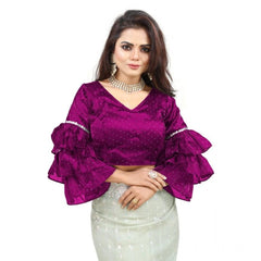 Women's Organza Solid V Neck Layered Ruffle Sleeve Readymade Blouse (Magenta Free Size , up to 38–40 Bust)-PID65853