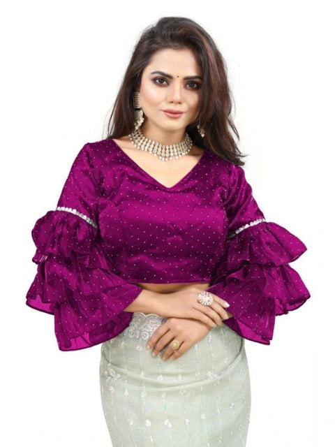 Women's Organza Solid V Neck Layered Ruffle Sleeve Readymade Blouse (Magenta Free Size , up to 38–40 Bust)-PID65853