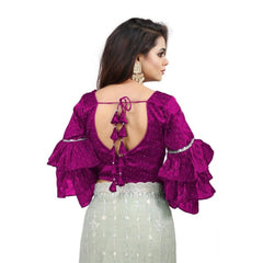 Women's Organza Solid V Neck Layered Ruffle Sleeve Readymade Blouse (Magenta Free Size , up to 38–40 Bust)-PID65853