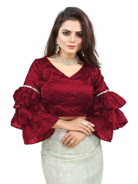 Generic Women's Organza Solid V Neck Layered Ruffle Sleeve Readymade Blouse (Maroon Free Size , up to 38–40 Bust)-PID65854
