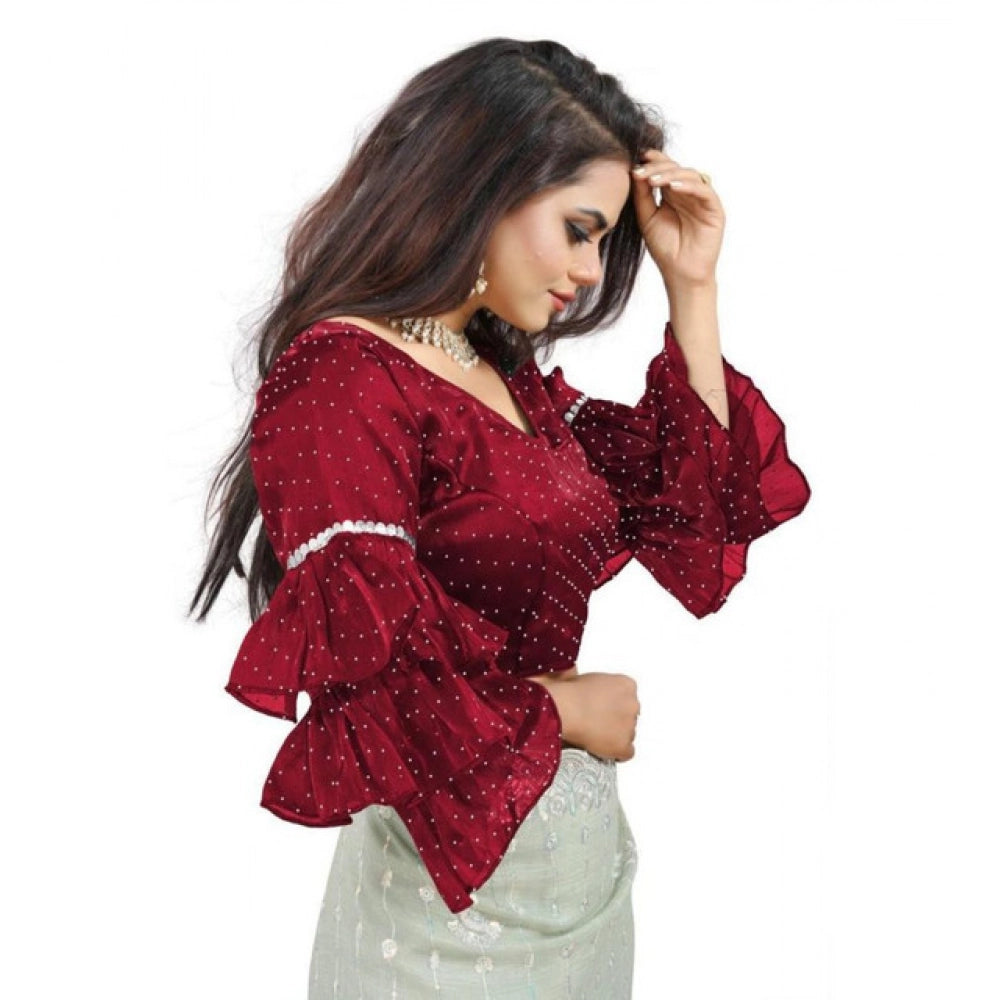 Women's Organza Solid V Neck Layered Ruffle Sleeve Readymade Blouse (Maroon Free Size , up to 38–40 Bust)-PID65854