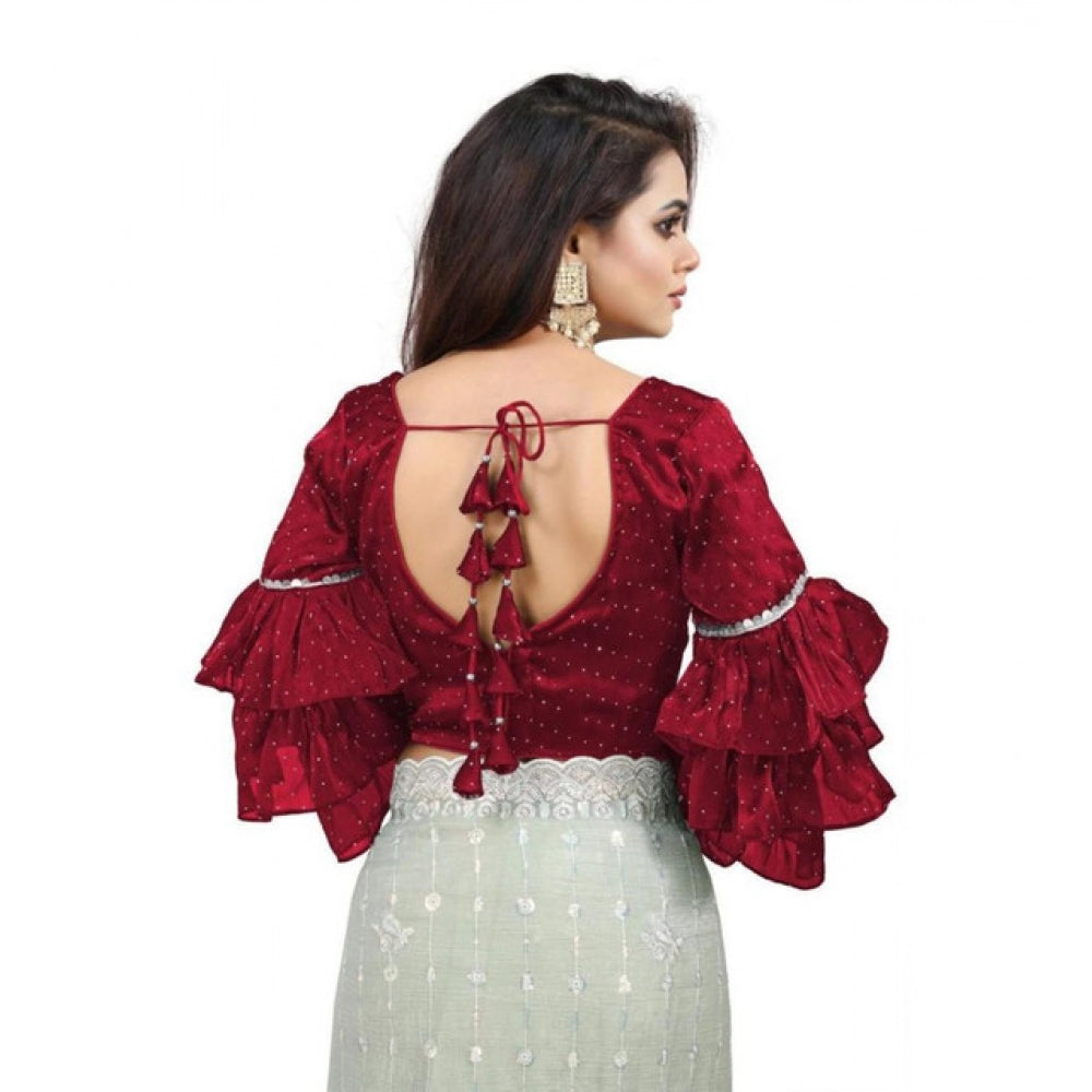 Women's Organza Solid V Neck Layered Ruffle Sleeve Readymade Blouse (Maroon Free Size , up to 38–40 Bust)-PID65854