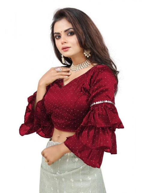 Women's Organza Solid V Neck Layered Ruffle Sleeve Readymade Blouse (Maroon Free Size , up to 38–40 Bust)-PID65854