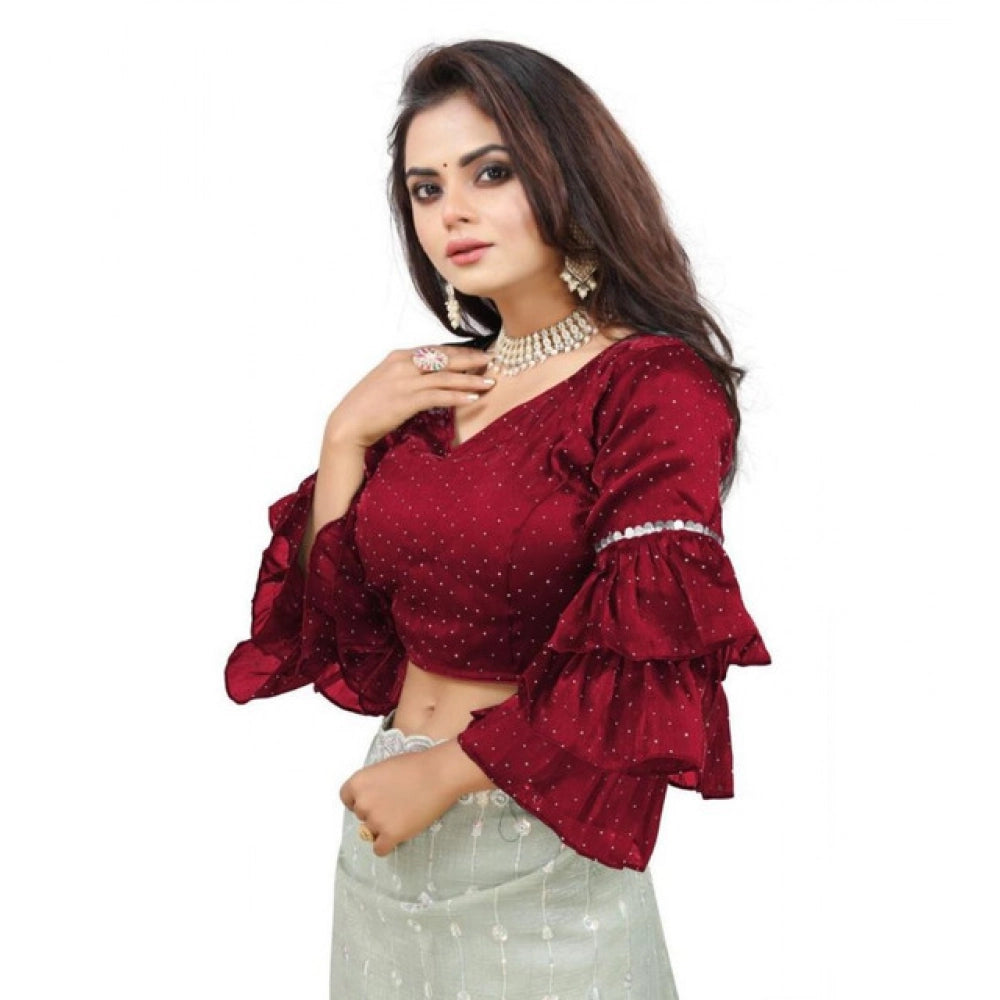 Women's Organza Solid V Neck Layered Ruffle Sleeve Readymade Blouse (Maroon Free Size , up to 38–40 Bust)-PID65854