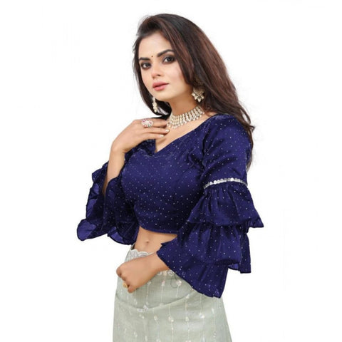 Women's Organza Solid V Neck Layered Ruffle Sleeve Readymade Blouse (Navy Free Size , up to 38–40 Bust)-PID65855