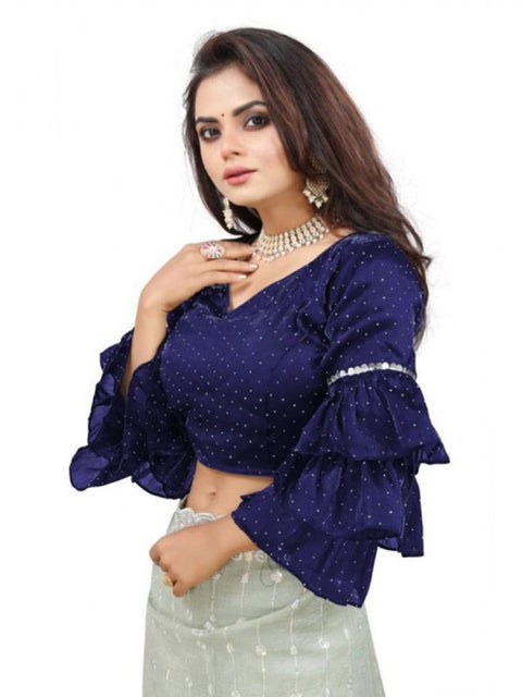 Women's Organza Solid V Neck Layered Ruffle Sleeve Readymade Blouse (Navy Free Size , up to 38–40 Bust)-PID65855