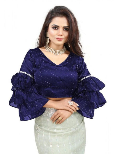 Women's Organza Solid V Neck Layered Ruffle Sleeve Readymade Blouse (Navy Free Size , up to 38–40 Bust)-PID65855