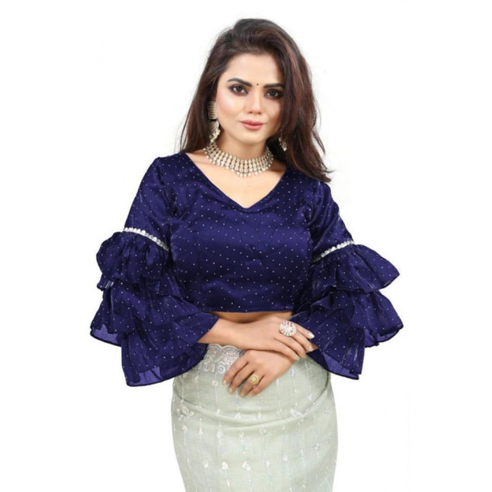 Women's Organza Solid V Neck Layered Ruffle Sleeve Readymade Blouse (Navy Free Size , up to 38–40 Bust)-PID65855