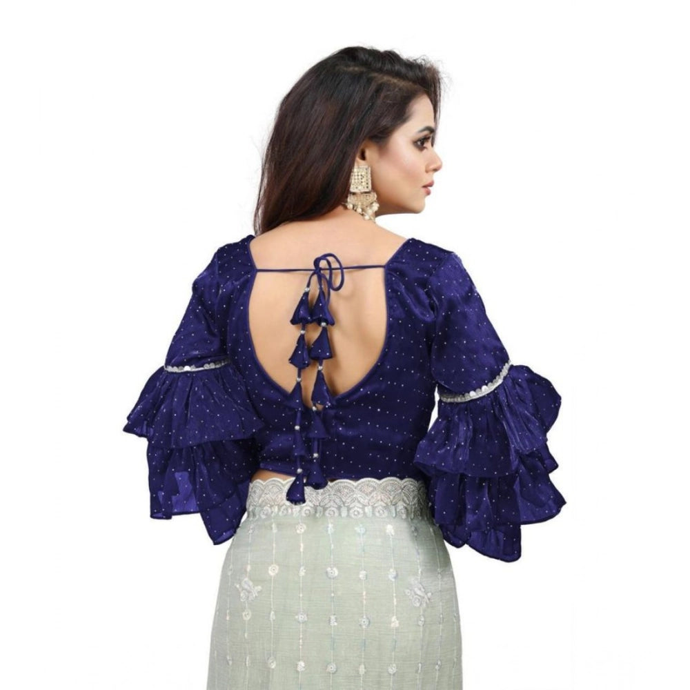 Women's Organza Solid V Neck Layered Ruffle Sleeve Readymade Blouse (Navy Free Size , up to 38–40 Bust)-PID65855