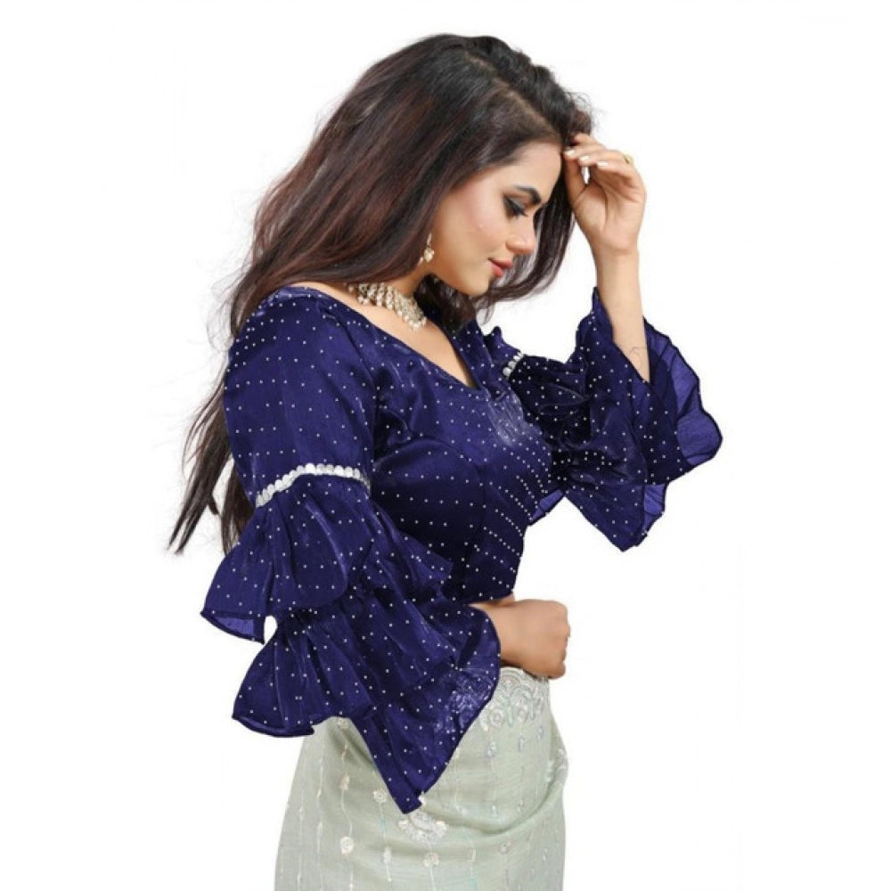 Women's Organza Solid V Neck Layered Ruffle Sleeve Readymade Blouse (Navy Free Size , up to 38–40 Bust)-PID65855