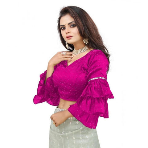 Women's Organza Solid V Neck Layered Ruffle Sleeve Readymade Blouse (Pink Free Size , up to 38–40 Bust)-PID65856