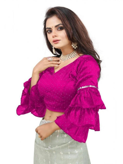 Women's Organza Solid V Neck Layered Ruffle Sleeve Readymade Blouse (Pink Free Size , up to 38–40 Bust)-PID65856