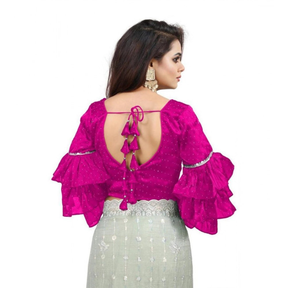 Women's Organza Solid V Neck Layered Ruffle Sleeve Readymade Blouse (Pink Free Size , up to 38–40 Bust)-PID65856