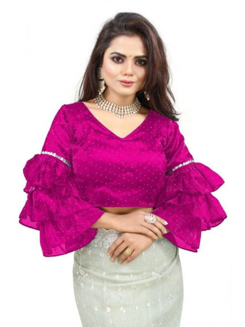 Women's Organza Solid V Neck Layered Ruffle Sleeve Readymade Blouse (Pink Free Size , up to 38–40 Bust)-PID65856