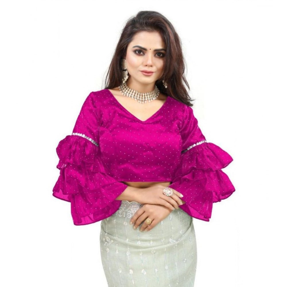 Women's Organza Solid V Neck Layered Ruffle Sleeve Readymade Blouse (Pink Free Size , up to 38–40 Bust)-PID65856