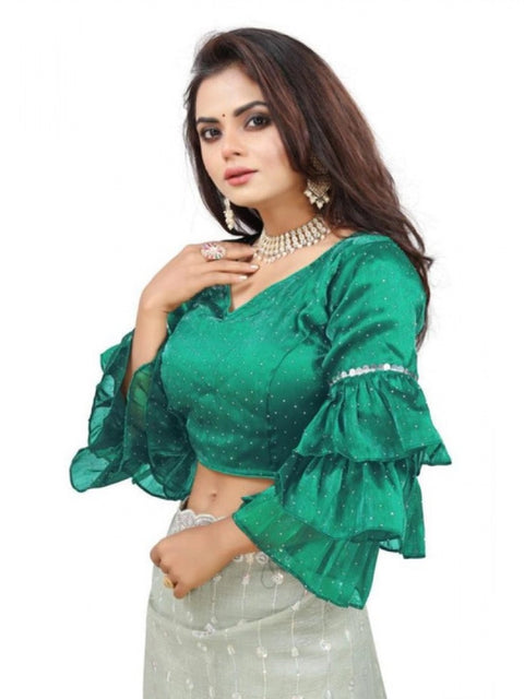Women's Organza Solid V Neck Layered Ruffle Sleeve Readymade Blouse (Rama Free Size , up to 38–40 Bust)-PID65857