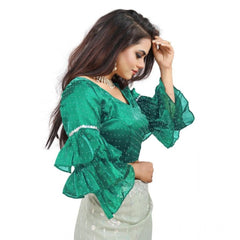 Women's Organza Solid V Neck Layered Ruffle Sleeve Readymade Blouse (Rama Free Size , up to 38–40 Bust)-PID65857