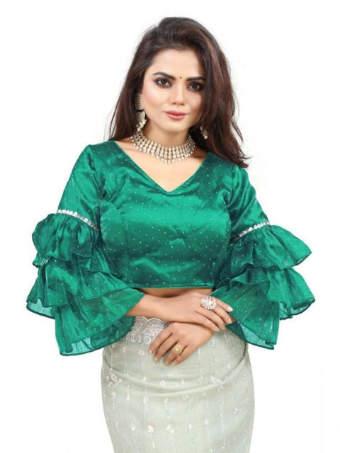 Women's Organza Solid V Neck Layered Ruffle Sleeve Readymade Blouse (Rama Free Size , up to 38–40 Bust)-PID65857