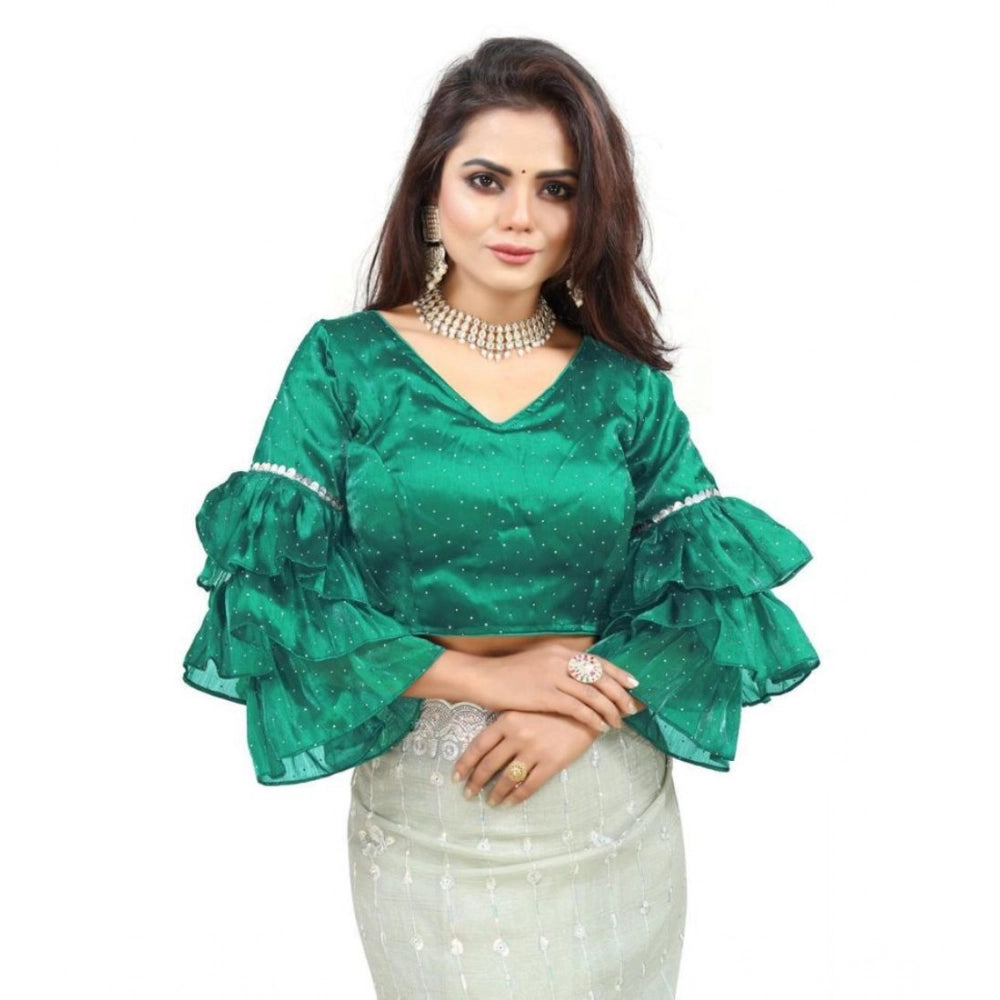 Women's Organza Solid V Neck Layered Ruffle Sleeve Readymade Blouse (Rama Free Size , up to 38–40 Bust)-PID65857