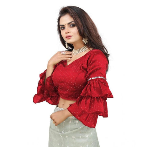 Women's Organza Solid V Neck Layered Ruffle Sleeve Readymade Blouse (Red Free Size , up to 38–40 Bust)-PID65858