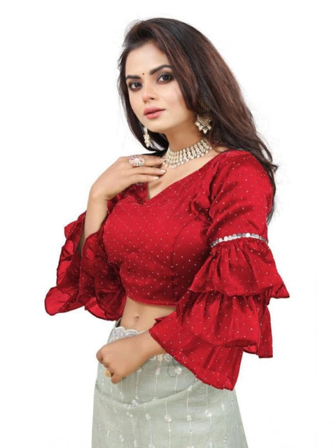 Women's Organza Solid V Neck Layered Ruffle Sleeve Readymade Blouse (Red Free Size , up to 38–40 Bust)-PID65858