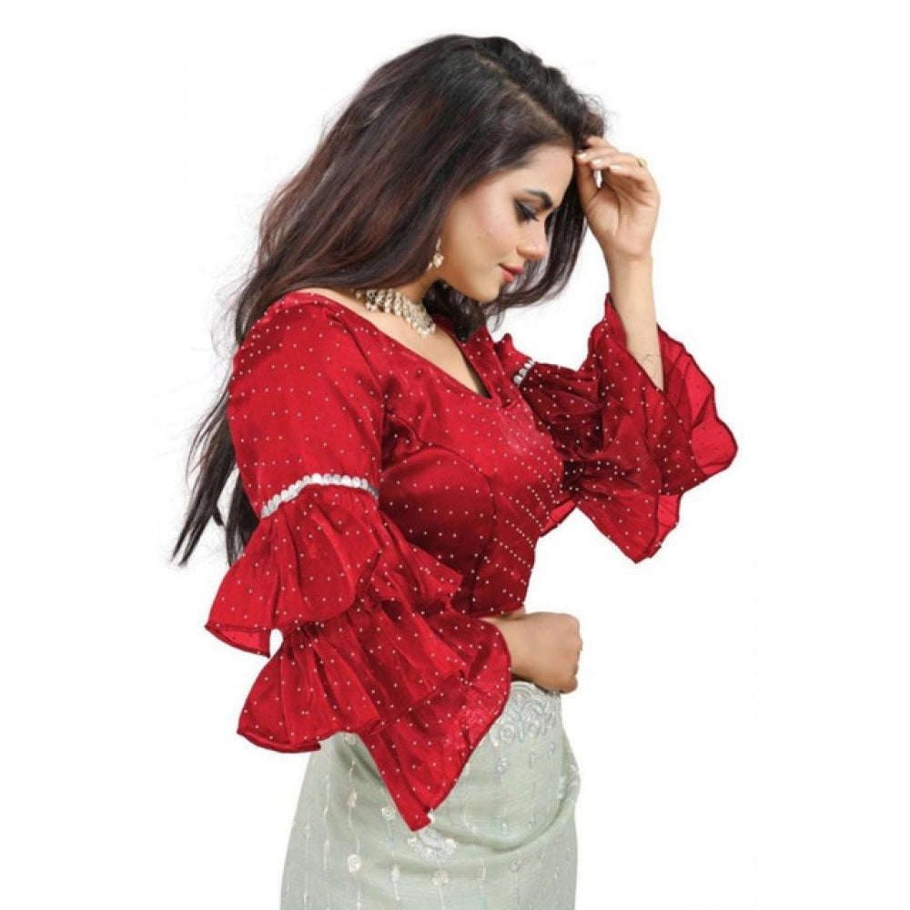 Women's Organza Solid V Neck Layered Ruffle Sleeve Readymade Blouse (Red Free Size , up to 38–40 Bust)-PID65858