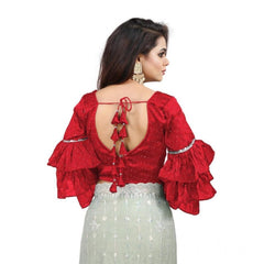 Women's Organza Solid V Neck Layered Ruffle Sleeve Readymade Blouse (Red Free Size , up to 38–40 Bust)-PID65858