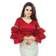 Women's Organza Solid V Neck Layered Ruffle Sleeve Readymade Blouse (Red Free Size , up to 38–40 Bust)-PID65858