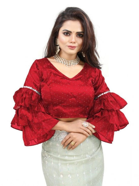 Women's Organza Solid V Neck Layered Ruffle Sleeve Readymade Blouse (Red Free Size , up to 38–40 Bust)-PID65858