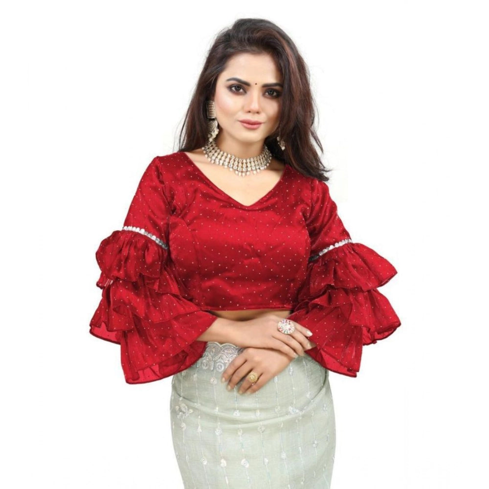 Women's Organza Solid V Neck Layered Ruffle Sleeve Readymade Blouse (Red Free Size , up to 38–40 Bust)-PID65858