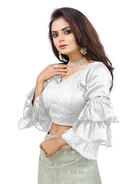 Generic Women's Organza Solid V Neck Layered Ruffle Sleeve Readymade Blouse (White Free Size , up to 38–40 Bust)-PID65859