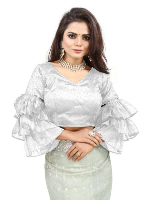 Women's Organza Solid V Neck Layered Ruffle Sleeve Readymade Blouse (White Free Size , up to 38–40 Bust)-PID65859