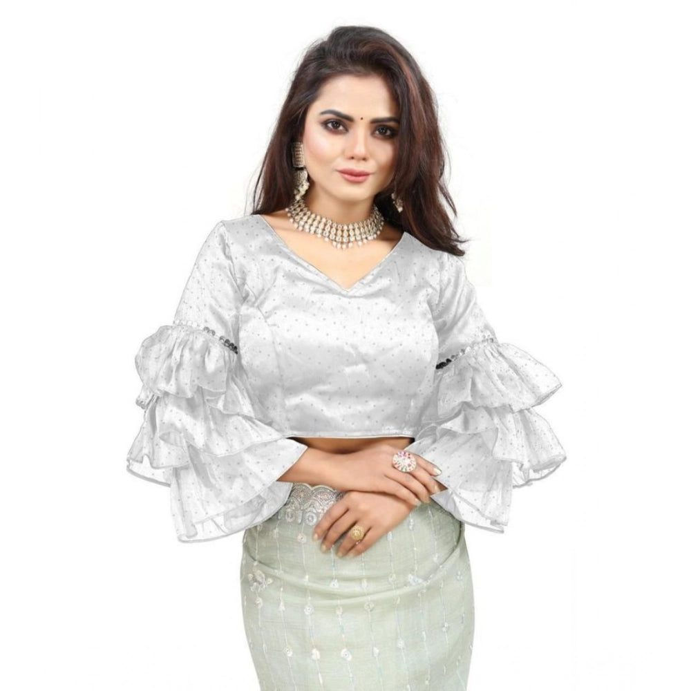 Women's Organza Solid V Neck Layered Ruffle Sleeve Readymade Blouse (White Free Size , up to 38–40 Bust)-PID65859