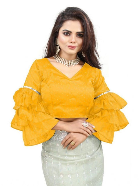 Women's Organza Solid V Neck Layered Ruffle Sleeve Readymade Blouse (Yellow Free Size , up to 38–40 Bust)-PID65860